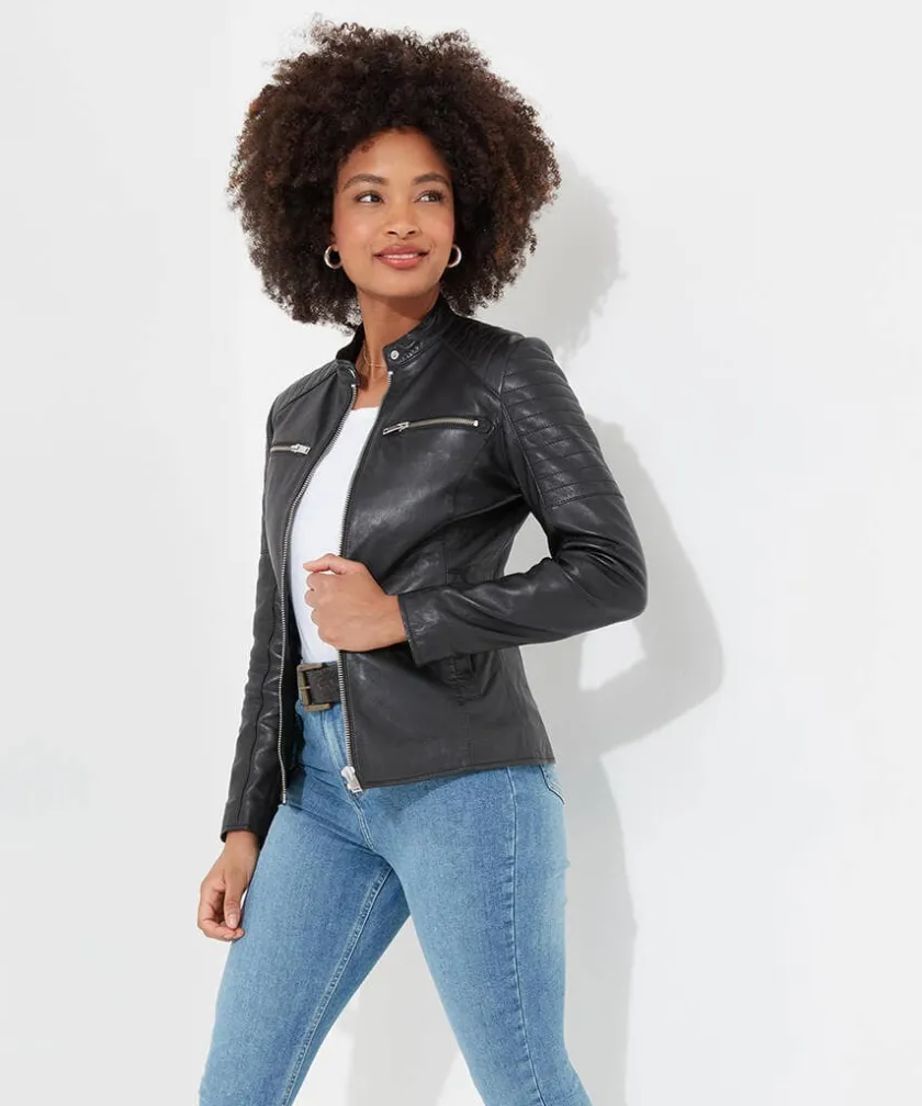Joe Browns Victoria Zip Up Leather Biker Jacket-Women Leather Jackets|Coats & Jackets